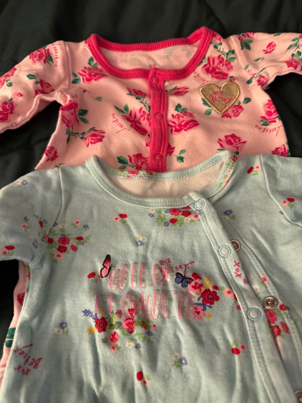 Betsy Johnson one piece small rompers one one green, one pink floral,